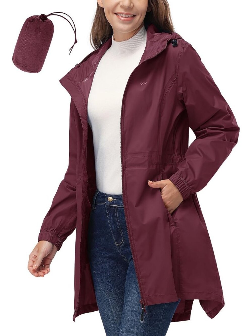Women's Wine Red Waterproof Long Coat Packable Breathable Rain Jacket with Hood